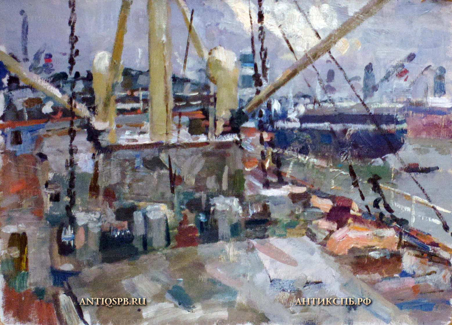 Картина "В порту". Картон, масло. Бантиков Андрей Сергеевич (1914-2002). СССР. Сер. XX века. №171